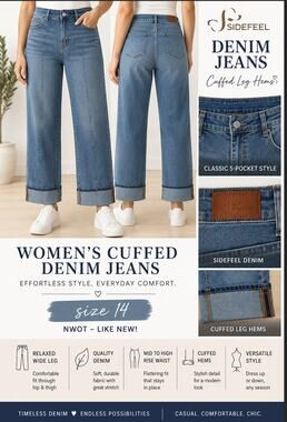 Sidefeel High Rise Wide Leg Front Seam Cuffed Jeans NWOT Size 14